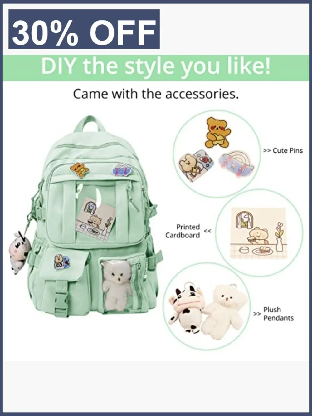 Kawaii Backpack Rucksack for Teen Girls Aesthetic Student Bookbag with Pin